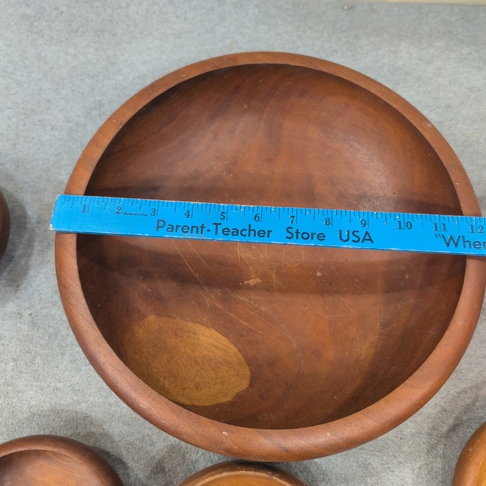 Vintage Mid Century Modern Solid Wood Salad Bowl Set 6 Piece Brown MCM - Picture 8 of 8